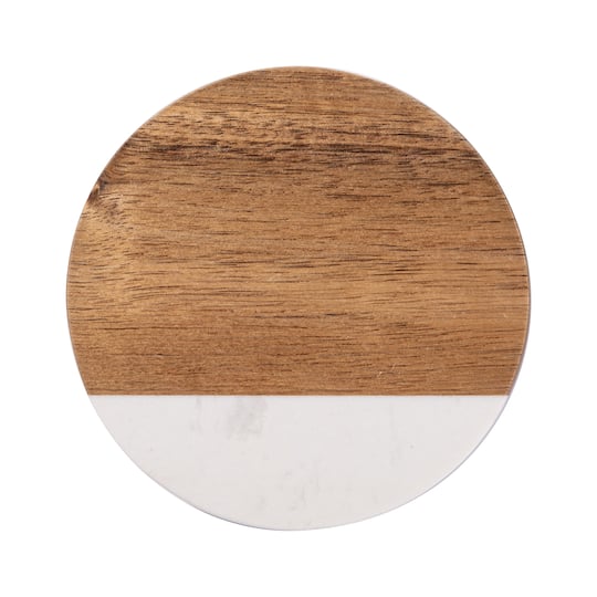 Craft Express 3.93&#x22; Coaster Marble &#x26; Wood Laserable Round, 4ct.